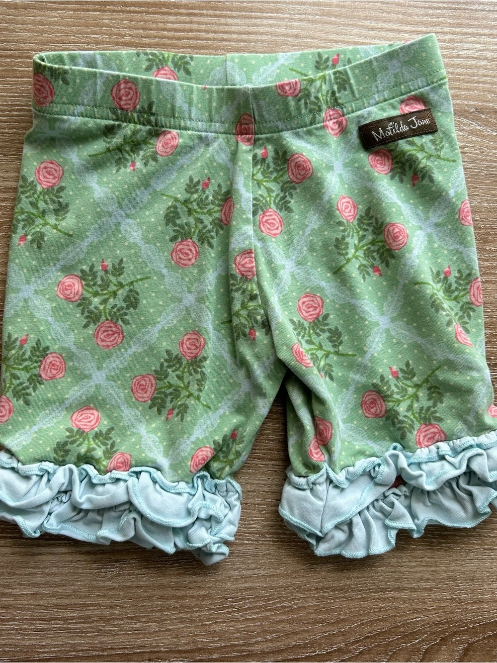 Matilda Jane Going Green Floral Shortie Shorts Pink Rose Ruffle Hem Size 6